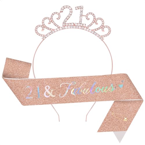 TOPWAYS 21. Geburtstag Mädchen Frauen Deko Schärpe und Tiara Kit, Geburtstag Geschenke Fabulous Sash & Headband Krone Geburtstag für 21 Geburtstag Deko Mädchen Frauen (21 Fabulous, Roségold) von TOPWAYS