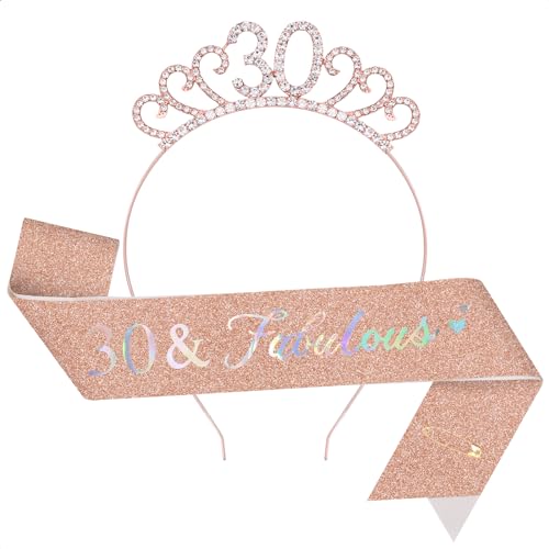 TOPWAYS 30. Geburtstag Mädchen Frauen Deko Schärpe und Tiara Kit, Geburtstag Geschenke Fabulous Sash & Headband Krone Geburtstag für 30 Geburtstag Deko Mädchen Frauen (30 Fabulous, Roségold) von TOPWAYS