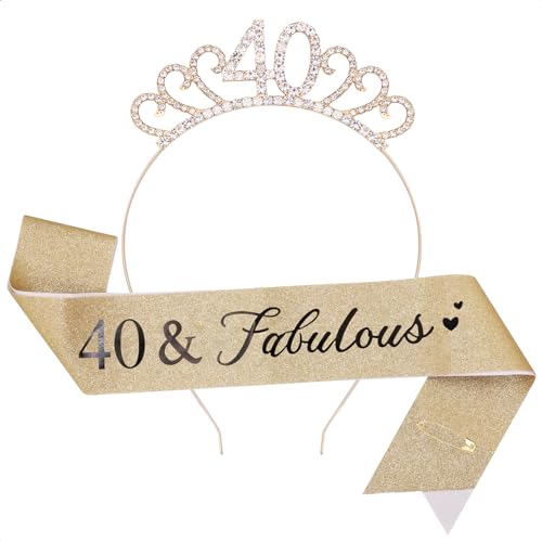 TOPWAYS 40. Geburtstag Mädchen Frauen Deko Schärpe und Tiara Kit, Geburtstag Geschenke Fabulous Sash & Headband Krone Geburtstag für 40 Geburtstag Deko Mädchen Frauen (40 Fabulous, Gold) von TOPWAYS