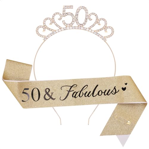 TOPWAYS 50. Geburtstag Mädchen Frauen Deko Schärpe und Tiara Kit, Geburtstag Geschenke Fabulous Sash & Headband Krone Geburtstag für 50 Geburtstag Deko Mädchen Frauen (50 Fabulous, Gold) von TOPWAYS