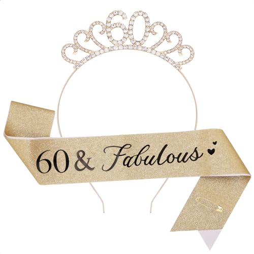TOPWAYS 60. Geburtstag Mädchen Frauen Deko Schärpe und Tiara Kit, Geburtstag Geschenke Fabulous Sash & Headband Krone Geburtstag für 60 Geburtstag Deko Mädchen Frauen (60 Fabulous, Gold) von TOPWAYS