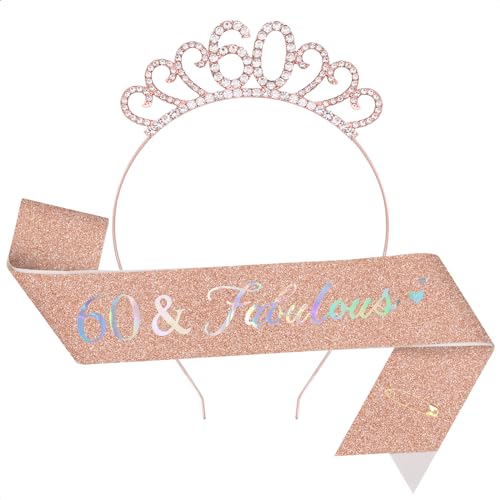 TOPWAYS 60. Geburtstag Mädchen Frauen Deko Schärpe und Tiara Kit, Geburtstag Geschenke Fabulous Sash & Headband Krone Geburtstag für 60 Geburtstag Deko Mädchen Frauen (60 Fabulous, Roségold) von TOPWAYS