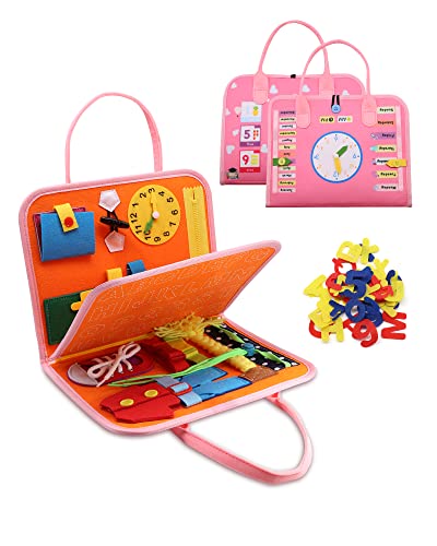 TOPWAYS Grundlegende Fähigkeiten beschäftigtes Brett für Kleinkinder, Sensory Activity Board Lernbuch für Vorschulkinder, Lernspielzeug für das grundlegende Leben (rosa Uhr) von TOPWAYS