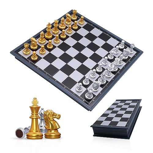 TOPWAYS Schachspiel Schach, Reisespiele Schachbrett Schach Magnetisch Chess Board Set Tragbares Reise Spiel Schachspiel für Erwachsene Kinder 25 * 25cm (Gold und Silber) von TOPWAYS