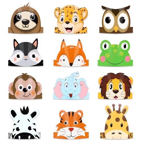 TOPWYS Cartoon Masken, 12 Stück Tier Stirnband Masken, Eule Tiger Igel Eichhörnchen Muster für Dschungel Safari Wald Thema Geburtstagsfeier, Tiere Stirnband Maske mit elastischen Seil von TOPWAYS
