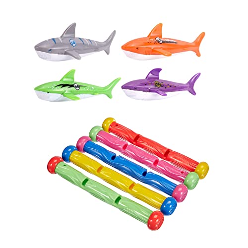 TOPWAYS® Schwimmbad-Tauchspielzeug für Kinder, enthält 5 Unterwasser-Tauchstäbe, 4 Stück Wurfhai, Schwimmbad-Spielzeug von TOPWAYS