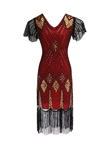 TOSHIKII 1920er Flapper Paillettenkleid mit Fransen 20er Jahre Pailletten Gatsby Kostümkleid Vintage Kostüm für Abendcocktail von TOSHIKII