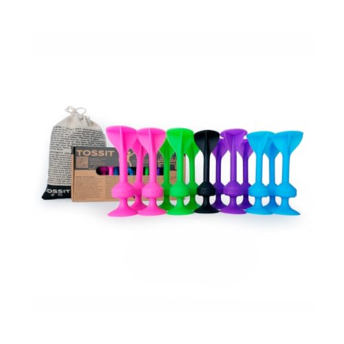 TOSSIT Spiel Saugnapf Darts, Indoor Outdoor Drinnen Draußen, Boccia, Petanque, Wurfspiel, Nachhaltig langlebig Silikon, Boden oder Wand, Family Pack, Rosa Blau Violett Grün von TOSSIT