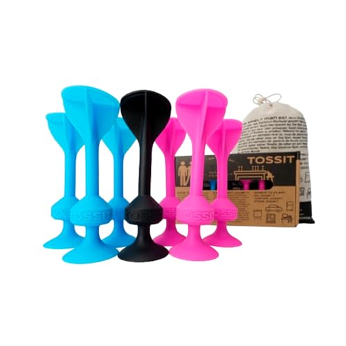 TOSSIT Spiel Saugnapf Darts, Indoor Outdoor Drinnen Draußen, Boccia, Petanque, Wurfspiel, Nachhaltig langlebig Silikon, Boden oder Wand, Starter Pack, Rosa Blau von TOSSIT