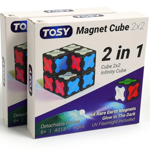 TOSY Magnetwürfel 2x2 – 8 Blöcke, 2in1 Spielzeug: 2x2x2-Puzzlewürfel und anpassbarer Unendlichkeitswürfel, Leuchtend, UV-Taschenlampen-Zubehör, Zappel-/STEAM-Magnetkacheln-Spielzeug, 2er-Set von TOSY