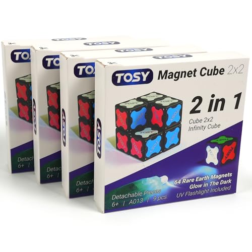 TOSY Magnetwürfel 2x2 – 8 Blöcke, 2in1 Spielzeug: 2x2x2-Puzzlewürfel und anpassbarer Unendlichkeitswürfel, Leuchtend, UV-Taschenlampen-Zubehör, Zappel-/STEAM-Magnetkacheln-Spielzeug, 4er-Set von TOSY