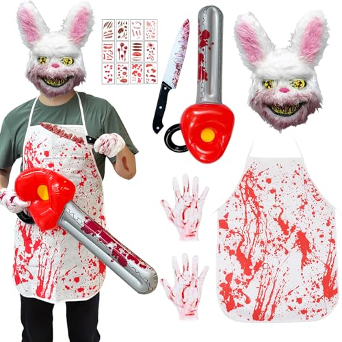 Horror Hase Kostüm für Herren, Hasenmaske Halloween mit Schürze Blutmesser Handschuhe Wound Tattoos, Bloody Bunny Maske Kostüm für Damen Erwachsene Halloween Karneval Party Cosplay von TOSZOLY
