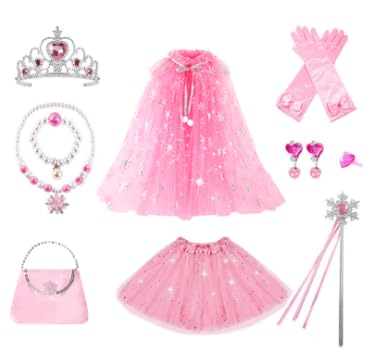 Kostüm Prinzessin Mädchen,Prinzessinnen Umhang für Mädchen mit Buntem Tuturock,Krone,Prinzessinnen Kostüme Accessoires,Tüll Prinzessinnen Umhang Set für Halloween,Geburtstagsparty,Cosplay (Pink-New) von TOSZOLY