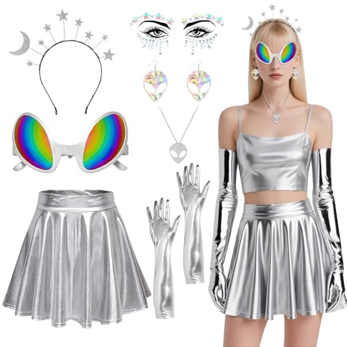 Kostüm Set für Damen, Alien Kostüm Set für Damen mit Silberne Handschuhe und Alien Haarreif Brille, Space Kostüm Weltraum Kostüm für Erwachsene Halloween Mottoparty Karneval Cosplay (L) von TOSZOLY