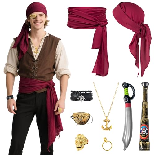 Piraten Accessoires, 9Pcs Piratenkostüm Herren Damen Accessoires Inklusive Piraten Kopftuch Pirate Gürtel, Halloween Kostüm Accessoiry für Karneval Cosplay Party (Rot) von TOSZOLY