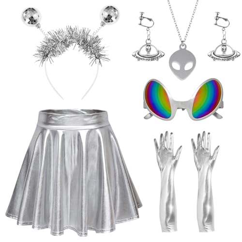 Silbernes Kostüm für Mädchen, Silberne Handschuhe und Alien Brille, Ohrringe, Alien Kostüm Set für Kinder Mädchen Geburtstagsfeier Halloween Karneval Cosplay (140) von TOSZOLY