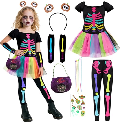 Skelett Kostüm Kinder, Halloween Kostüm Mädchen mit Haarreif, Haarverlängerungen, Süßigkeitentasche Temporären Tattoos, Regenbogen Skelett Outfit für Halloween Karneval Cosplay (130) von TOSZOLY