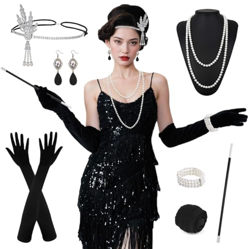 TOSZOLY 20er Jahre Damen Kostüm Set, 1920er Flapper Charleston Kleid mit Pailletten und Fransen,Vintage Outfit Accessoires für Karneval, Halloween, Fasching & 20s Motto Party (M) von TOSZOLY