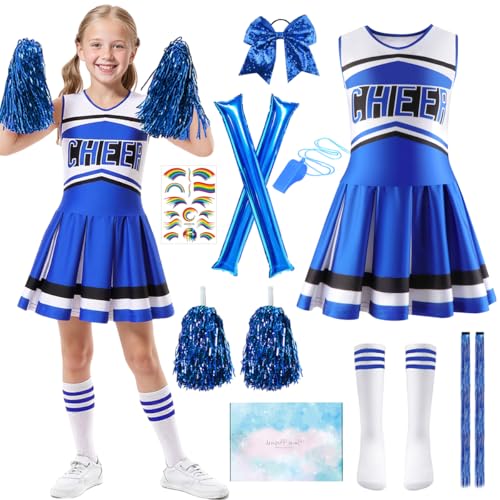 TOSZOLY Cheerleader Kostüm Kinder, Cheerleader Kostüm Mädchen, Cheerleadering Outfit Mädchen mit Pompons, Haarbändern, Cheerleading Kostüme für Halloween, Karneval (Blau, 140) von TOSZOLY