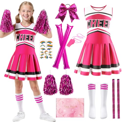 TOSZOLY Cheerleader Kostüm Kinder, Cheerleader Kostüm Mädchen, Cheerleadering Outfit Mädchen mit Pompons, Haarbändern, Cheerleading Kostüme für Halloween, Karneval (Rosenrot, 130) von TOSZOLY
