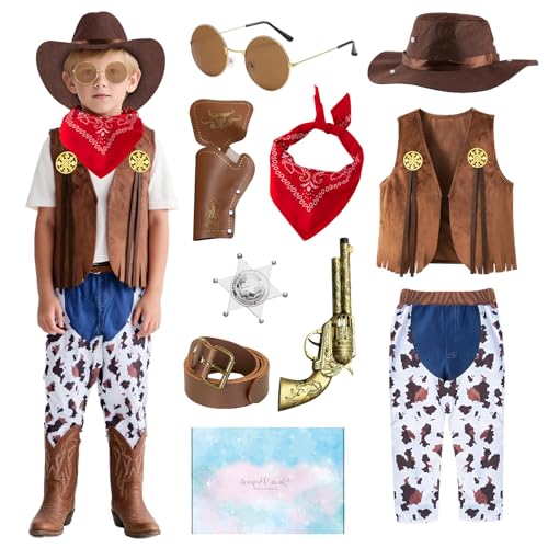 TOSZOLY Cowboy Kostüm Kinder, Weste Kostüme für Kinder Jungen mit Hut, Bandana, Cowboy Kostüm für Halloween Fasching Cosplay Party Dress Up von TOSZOLY