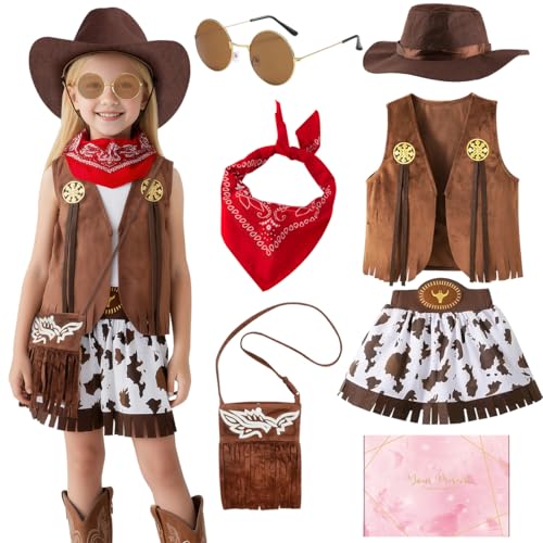 TOSZOLY Cowgirl Kostüm Mädchen, Cowboy Kostüm Kinder mit Cowboy Hut, Bandana, Weste Kinderkostüme Mädchen für Halloween Fasching Cosplay Party Dress Up von TOSZOLY