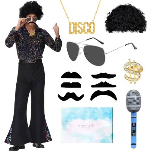 TOSZOLY Disco Outfit Herren, 70er Jahre Outfit Herren, Glitzer Hemd mit Accessoires, Perücke, Brille, 70er Jahre Kleidung für Karneval Kostüms, Halloween Geburtstag Disco Deko Party (Schwarz, M) von TOSZOLY