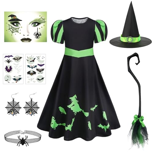 TOSZOLY Hexenkostüm Kinder, Halloween Hexenkostüm Mädchen mit Hexenhut, Spinnenohrringe, Besen, Im Dunkeln leuchtende Aufkleber, Set Cosplay Halloween Fasching Karneval Hexen Kostüme für Kinder,140 von TOSZOLY