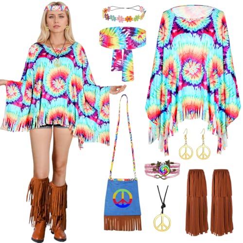 TOSZOLY Hippie Kostüm Damen, 11 Stück 60er 70er Jahre Hippie Kleidung Damen, 70er Jahre Jahre Outfit und Hippie Accessoires, Hippie Bekleidung Kostüm für Halloween, Karneval, Cosplay (Blau) von TOSZOLY