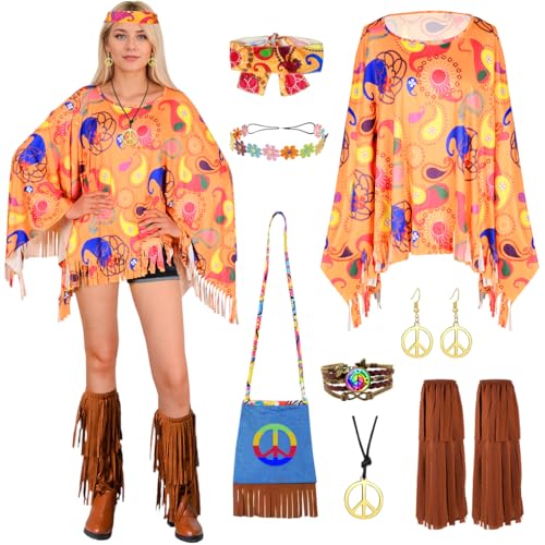 TOSZOLY Hippie Kostüm Damen, 11 Stück 60er 70er Jahre Hippie Kleidung Damen, 70er Jahre Jahre Outfit und Hippie Accessoires, Hippie Bekleidung Kostüm für Halloween, Karneval, Cosplay (Orange) von TOSZOLY