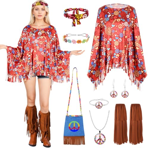 TOSZOLY Hippie Kostüm Damen, 11 Stück 60er 70er Jahre Hippie Kleidung Damen, 70er Jahre Jahre Outfit und Hippie Accessoires, Hippie Bekleidung Kostüm für Halloween, Karneval, Cosplay (Rot) von TOSZOLY