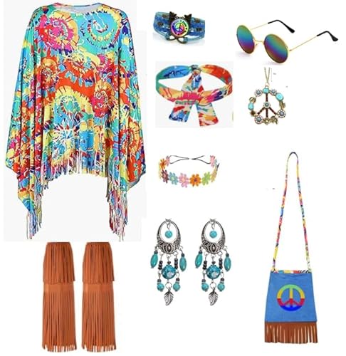 TOSZOLY Hippie Kostüm Damen, 10 Stück 60er 70er Jahre Hippie Kleidung Damen, 70er Jahre Outfit und Hippies Accessoires, Hippies Bekleidung Kostüm für Halloween, Karneval, Cosplay (Bunt) von TOSZOLY