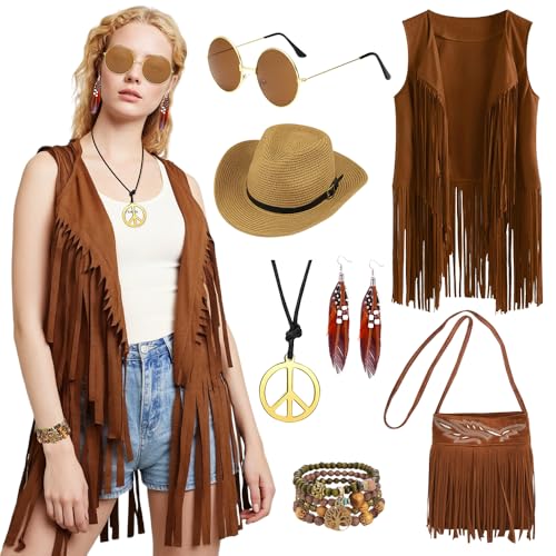 TOSZOLY Hippie Kostüm Damen, 60er 70er Jahre Fransenweste Boho Weste Braun mit Accessoires, 70er jahre Outfit für Karneval Fasching Disco Party von TOSZOLY