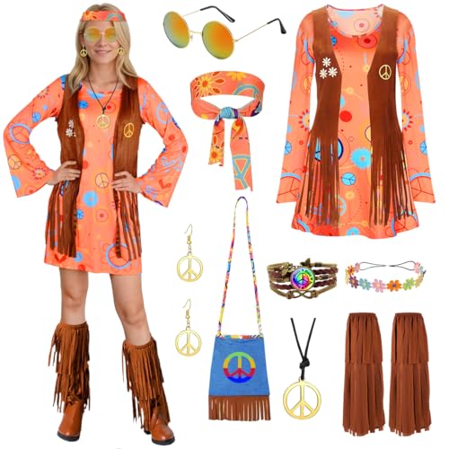 TOSZOLY Hippie Kostüm Damen, Hippie Kleidung Damen, 70er Jahre outfit Bekleidung mit Weste Hippie Accessoires, 60er 70er Jahre Hippie Kleid für Karneval Cosplay (L) von TOSZOLY