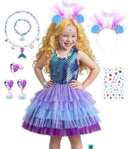 TOSZOLY Meerjungfrau Kostüm Mädchen, Meerjungfrauen Kostüm Kinder mit 8 Zubehör, Mermaid Costume Arielle Kostüm Kinder für Halloween Karneval Cosplay Party Faschingskostüm Kindergeburtstag 2-7 Jahre von TOSZOLY