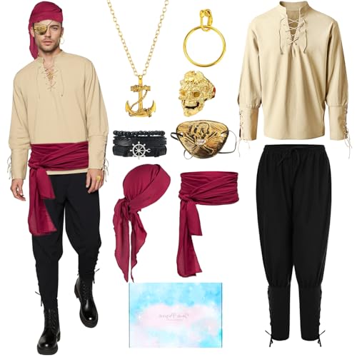 TOSZOLY Piratenkostüm Herren, Mittelalter Kostüm Herren mit Piraten Zubehör, Faschingskostüme Männer, Mittelalter Kleidung Piraten Outfit Männer für Halloween Karneval Party Cosplay (L) von TOSZOLY