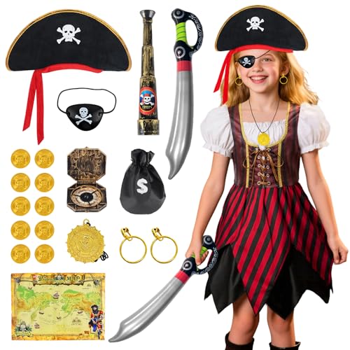 TOSZOLY Piratenkostüm Kinder, Piraten Kostüm mit Piratenhut Piratenkostüm Zubehör, Piraten Faschingskostüme Kinder, Pirate Outfit Mädchen für Halloween Karneval Party Cosplay (110 (3-4 Jahre)) von TOSZOLY
