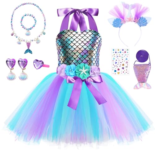 TOSZOLY Prinzessin Kleid Kinder, Meerjungfrau Kleid Mädchen mit Stirnband und Halskette, Prinzessin Kostüm für Geburtstag Halloween Weihnachten Karneval Cosplay (130) von TOSZOLY