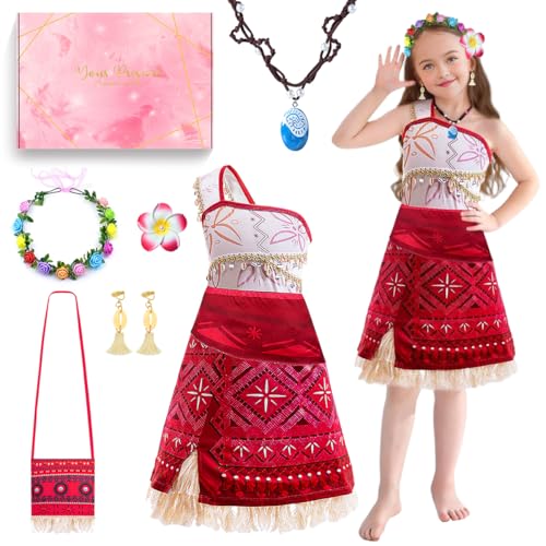 TOSZOLY Vaiana Kostüm Kinder, Moana 2 Prinzessin Kleid mit Blumenkrone Halskette Blumenclip, Abenteuer Outfit, Faschingskostüme Kinder, Moana Vaiana Kostüm für Karneval Cosplay (140, 7-8 Jahre) von TOSZOLY