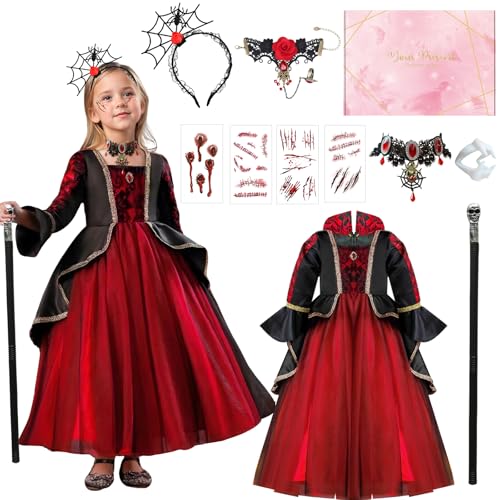 TOSZOLY Vampir Kostüm Mädchen, Halloween Kostüm Kinder mit Kostümen und Vampirstock, Halloween Kostüm Vampir, Vampir Cosplay Kostüm für Kinder Halloween und Karneval Party von TOSZOLY