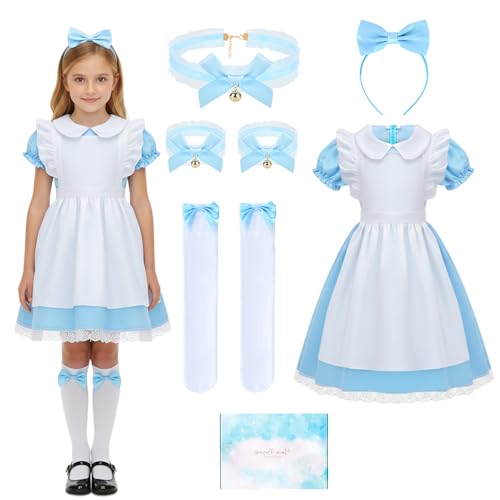 TOSZOLY Wunderland Kostüm Kinder Mädchen, Wunderland Kleider mit Stirnband, Socken, Halskette, Faschingskostüm Mädchen für Geburtstagsfeier, Weihnachten, Karneval, Cosplay, Halloween von TOSZOLY