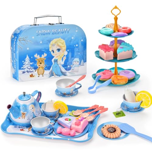 Teeparty-Set für kleine Mädchen, Kinderspielhaus-Teeservice aus Blech, blau Teeparty-Set für kleine Mädchen, Kinderspielhaus-Teeservice aus Blech, blau von TOSZOLY