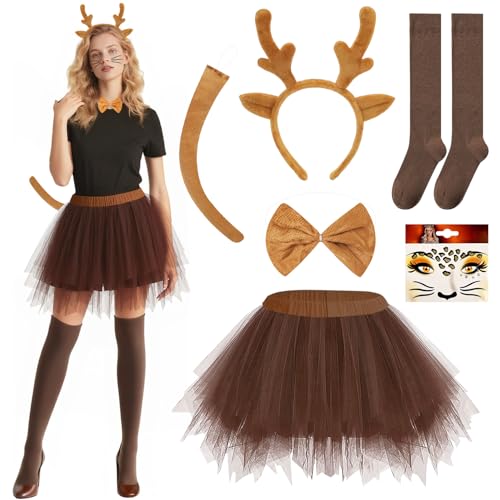 Tutu Kostüm für Damen, Reh Kostüm Damen mit Zubehör, Haarreif und Stickern, Hirsch Outfit für Erwachsene Halloween, Geburtstag, Karneval, Weihnachten, Mottoparty, Cosplay von TOSZOLY