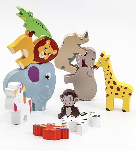 TOTJOY Montessori Spielzeug 2 Jahre alt 18 Monate Jungen Mädchen pädagogisch grob Holztiere Stapeln Einhorn Wilde Tiere Balancing Blocks Sensorisches Spielzeug Frühe Entwicklung Stapeln Tiere von TOTJOY