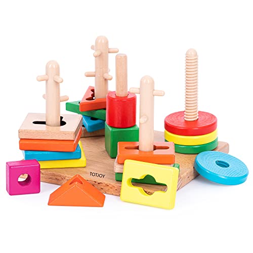 TOTJOY Montessori Spielzeug 2 Jahre 18 Monaten 3 Jahre Holz Sortier- & Stapelspielzeug Steckpuzzle für 12+ Monate Baby-Jungen & Mädchen, geometrische Baukasten, Shape Sorter Puzzles von TOTJOY