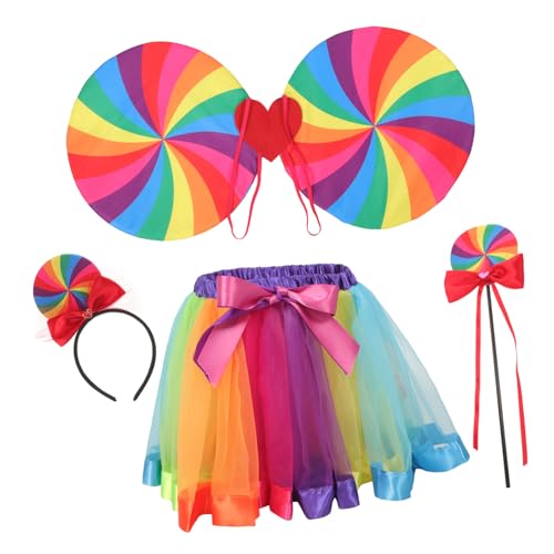 TOVINANNA 1Satz Teiliges Regenbogen Kostümset mit Tüllrock Stirnband Flügeln Zauberstab für Partys Cosplay Kreative Fotoshootings von TOVINANNA