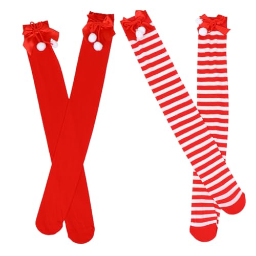 TOVINANNA 2 Paare Weihnachtsstrümpfe Oberschenkelhoch Gestreift mit Schleife und Bommel Weihnachtskniestrümpfe aus Elastischem Polyester für Damen Xmas Party Leg Warmers TOVINANNA 2 Paare Weihnachtsstrümpfe Oberschenkelhoch Gestreift mit Schleife und Bommel Weihnachtskniestrümpfe aus Elastischem Polyester für Damen Xmas Party Leg Warmers von TOVINANNA