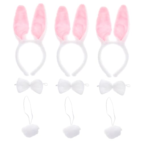 TOVINANNA 3 Stück Flauschiges Hasenohren Haarband mit Stirnbändern Schleifen und Kaninchen Schwänzen Vielseitiger Kopfschmuck für Geburtstag Cosplay Karneval und Party Zufällige Farbe von TOVINANNA