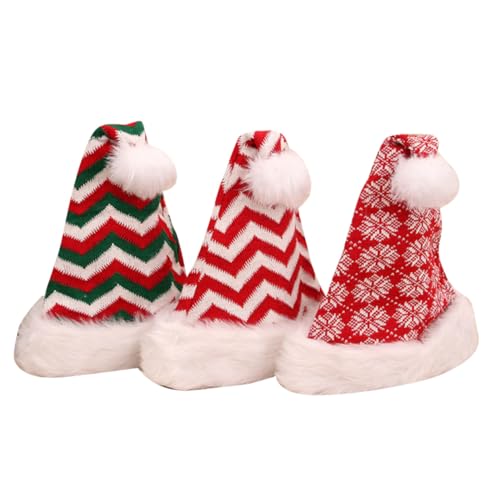 TOVINANNA 3 Stück Teiliges Set Weihnachtsmützen Erwachsene Strickmütze mit Plüschbommel Gestreift Schneeflocken Muster Warme Nikolausmütze für Damen Herren Festliche Weihnachtsfeier von TOVINANNA