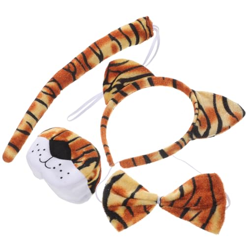 TOVINANNA 4-Teiliges Tier-Cosplay-Zubehör-Set Tiger-Tier-Ohr-Stirnband Nasen-Fliege Und Schwanz-Kostüm-Set Dschungel-Zoo-Party-Cosplay-Requisiten von TOVINANNA